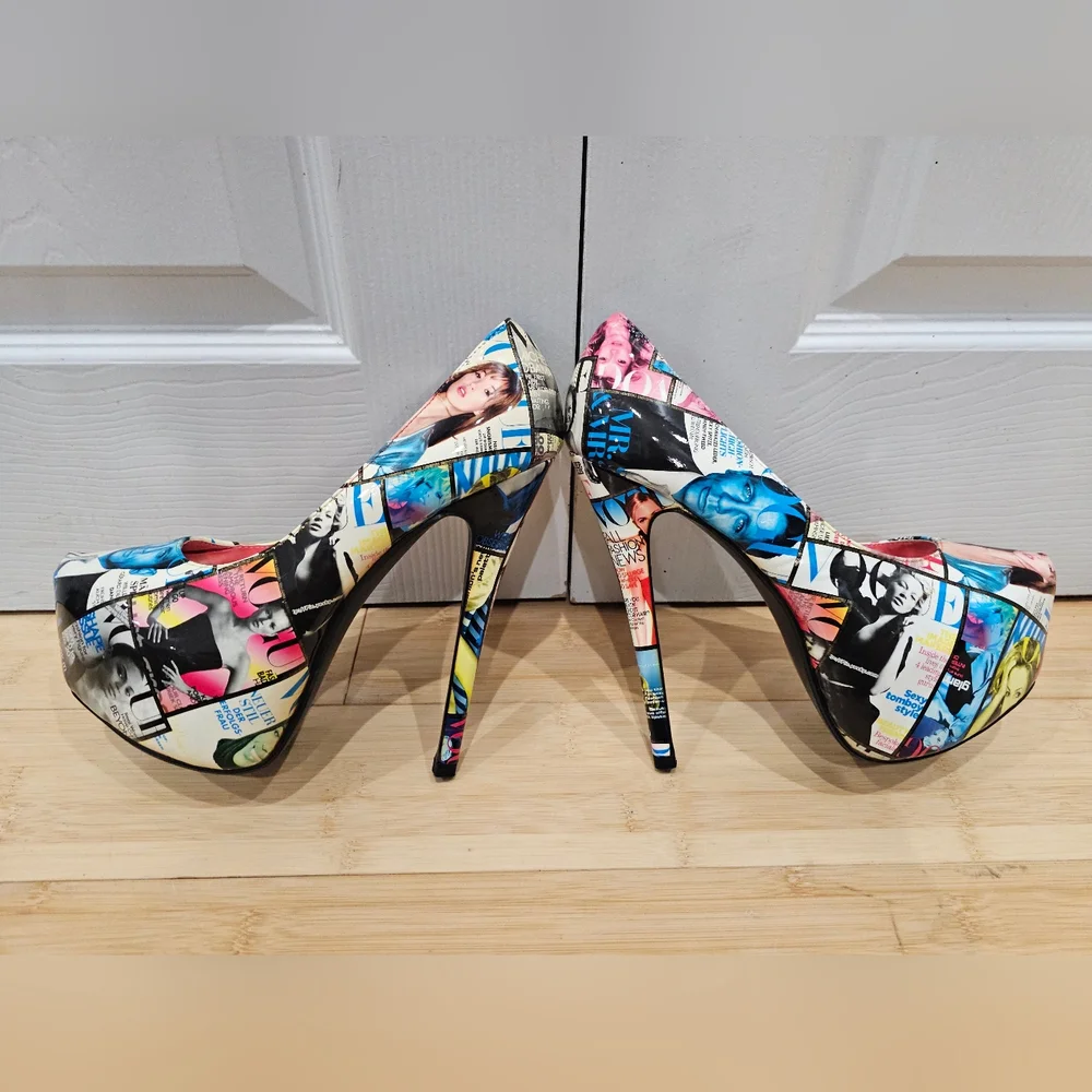Unique Liliana Magazine Vogue Multi Color Print Platform High Heels Pumps Shoe 9 - Picture 9 of 11